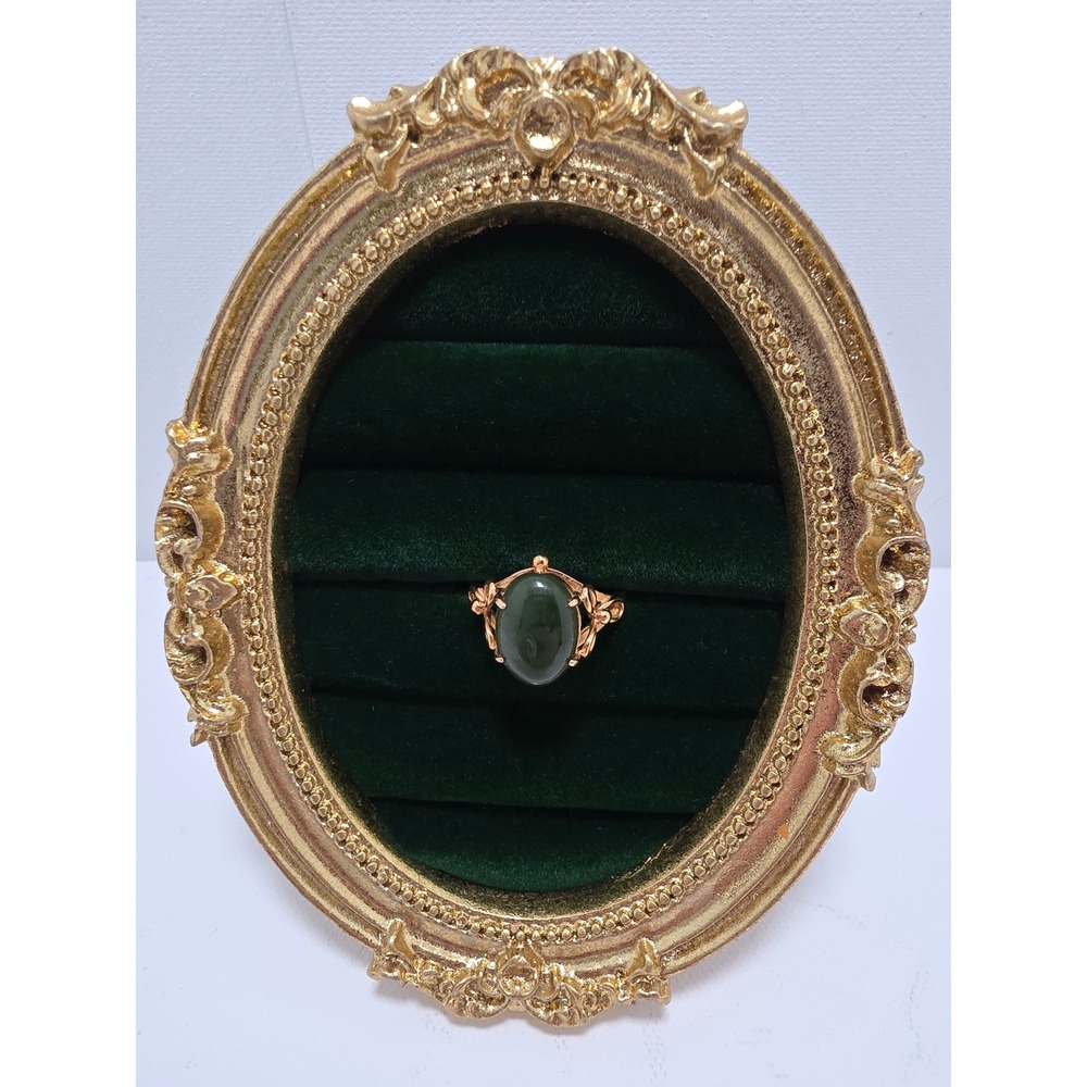Vintage Gold Tone Green Cabochon Statement Ring Size 8.75